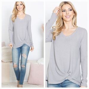 NEW! Heather Grey V-Neck Twist Front Top Long Sleeve